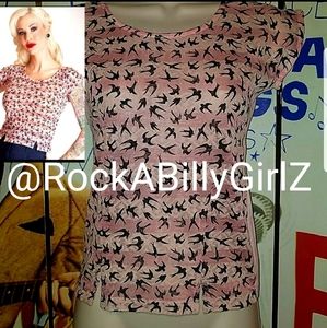 Tatyana Pink 1950's Pinup Swallows Stretch Top Black Tattoo Flash Birds on Front
